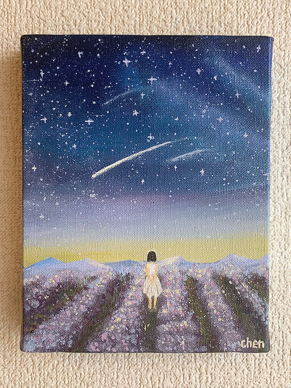20万円になりました。流れ星「絵画」原画A4サイズ アクリル画 原画 流れ星とラベンダー畑の少女 絵画 Chen 通販