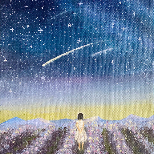 アクリル画 原画 流れ星とラベンダー畑の少女 絵画 Chen 通販