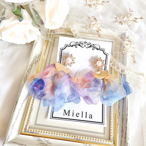 チュールリボン 紫陽花カラー ピアス ピアス（スタッド・一粒