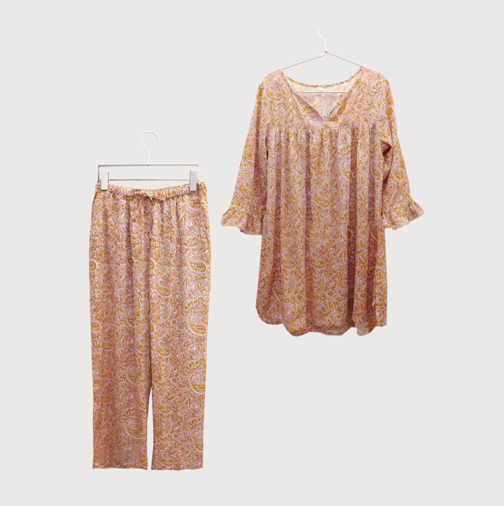 セットアップルームウェア　 ピンクイエローペイズリー　パジャマ