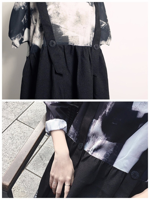 【受注製作】モード系　着やせ半袖偽二点セットミモレ丈サロペットスカート 4枚目の画像