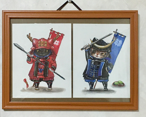手描き武士風キャラクター絵画 手描きイラスト猫戦国武将 1567年生まれセット イラスト 渡辺カヨ 通販