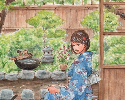 手描きイラスト和風 縁側で寛ぐ浴衣女性と猫 夏の風景 イラスト 渡辺