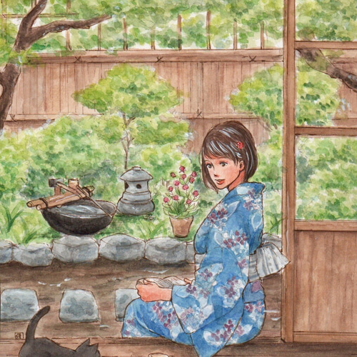 手描きイラスト和風 縁側で寛ぐ浴衣女性と猫 夏の風景 イラスト 渡辺