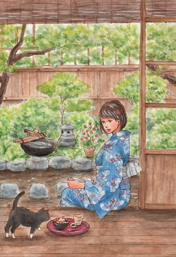 手描きイラスト和風 縁側で寛ぐ浴衣女性と猫 夏の風景 イラスト 渡辺