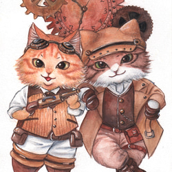 手描きイラスト原画 月と和服男性 猫付き 秋の風景 水彩画