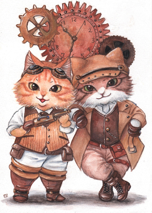 手描きイラスト スチームパンク猫 イラスト 渡辺カヨ 通販