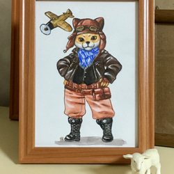 手描きイラスト原画 月と和服男性 猫付き 秋の風景 水彩画 イラスト