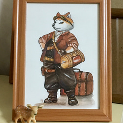 手描きイラスト原画 月と和服男性 猫付き 秋の風景 水彩画 イラスト