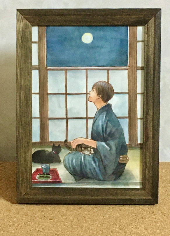 手描きイラスト原画 月と和服男性 猫付き 秋の風景 水彩画