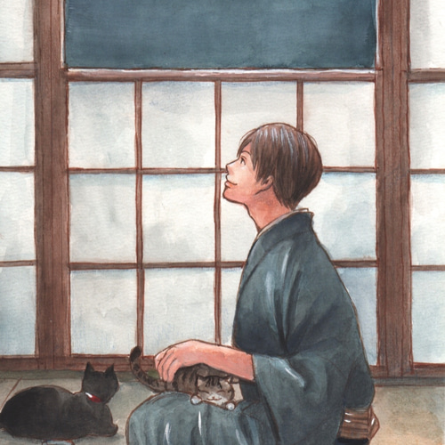 手描きイラスト原画 月と和服男性 猫付き 秋の風景 水彩画