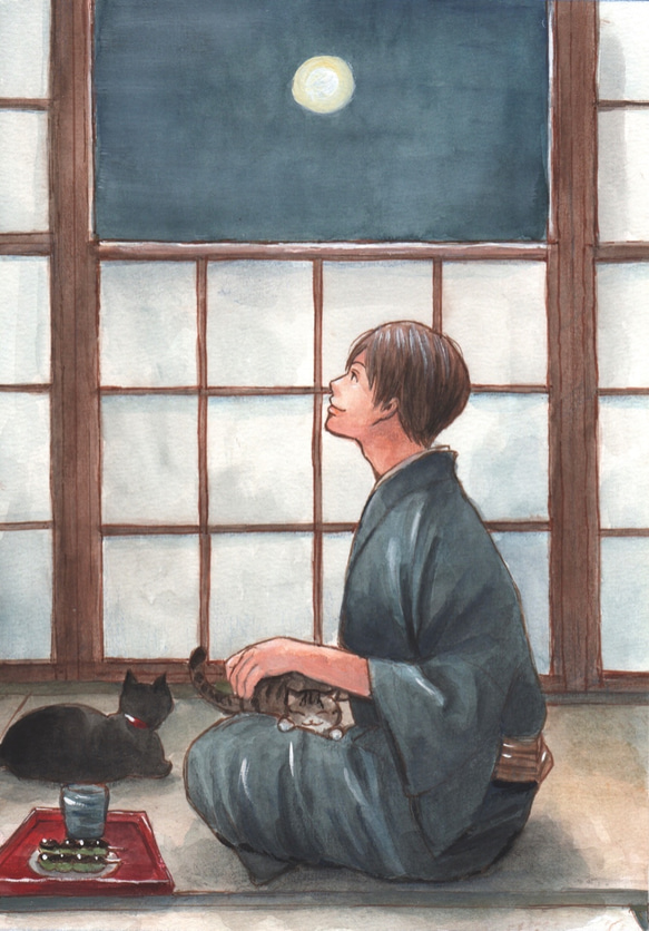 手描きイラスト原画　月と和服男性　猫付き　秋の風景　水彩画 2枚目の画像