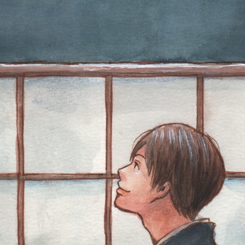 ゆ*り様 手描きイラスト 原画 和モダン 全身画 手描きイラスト原画 月と和服男性 猫付き 秋の風景 水彩画 イラスト