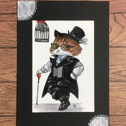 手描きイラスト原画 月と和服男性 猫付き 秋の風景 水彩画