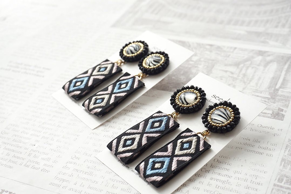 再販4 ビーズ刺繍とオルテガリボンのピアス 〜black〜 2枚目の画像