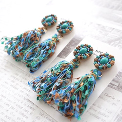 再販2 ビーズ刺繍のピアス〜tassels turquoise〜 1枚目の画像