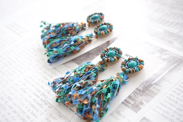 再販2 ビーズ刺繍のピアス〜tassels turquoise〜 5枚目の画像