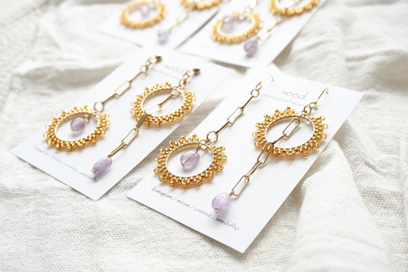 ビーズステッチのピアス 〜gold× amethyst〜 2枚目の画像