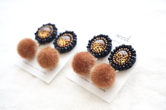 再販2 ビーズ刺繍のピアス〜leopard× brown fur〜 1枚目の画像