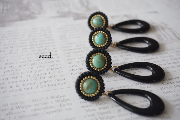 ✰500円OFF SALE✰再販12 ビーズ刺繍のピアス 〜black × turquoise〜 3枚目の画像