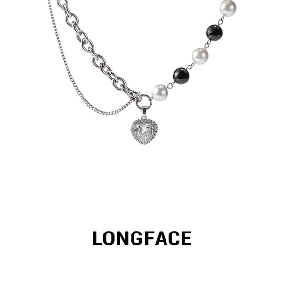 LONGFACE黑白迪士高水晶桃心钻项链轻奢珍珠玛瑙拼接叠戴链条 第3張的照片