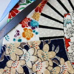 三ツ紬手帳Mサイズ、紺に扇と白い小花の綸子縮緬 2枚目の画像