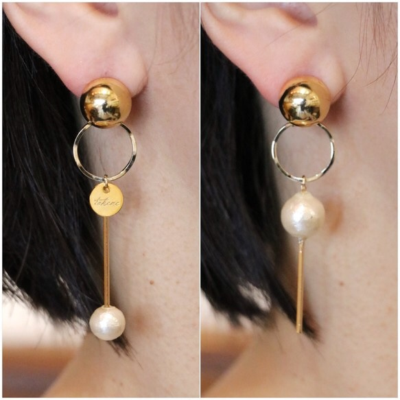 【asymmetry】pearl×gold(2way)｜ピアス 1枚目の画像