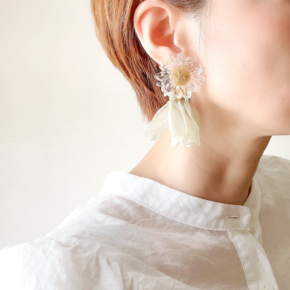 クリアフラワー シフォンタッセル イヤリング／ピアス イヤリング 