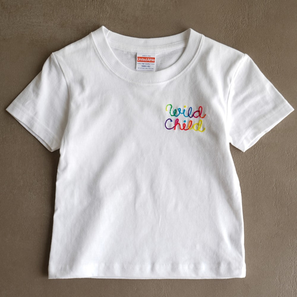 キッズ Tシャツ チェーンステッチ 刺繍 Wild Child【ホワイト】 3枚目の画像