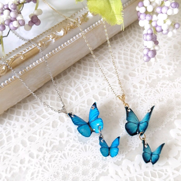 羽ばたく蝶々♪】蝶々ネックレス、蝶々ペンダント。青い蝶。モルフォ蝶