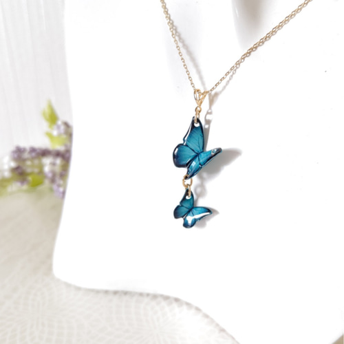 羽ばたく蝶々♪】蝶々ネックレス、蝶々ペンダント。青い蝶。モルフォ蝶
