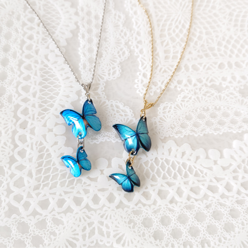 羽ばたく蝶々♪】蝶々ネックレス、蝶々ペンダント。青い蝶。モルフォ蝶