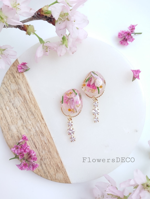 水珠花和搖擺的氧化鋯櫻花色[2WAY耳環和項鍊] creema限量套裝 第2張的照片