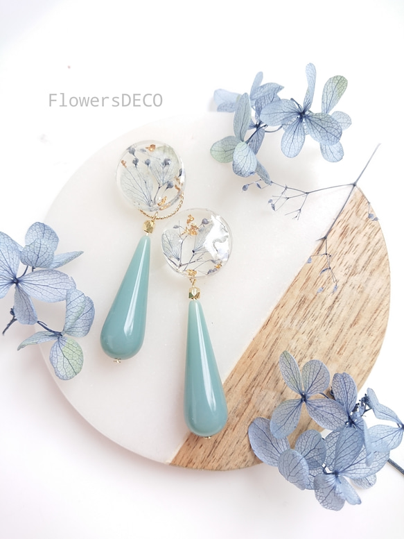 Drop Beads and Flower Beads  紫陽花＆かすみ草【ピアス・パーツ変更可】ペールブルー2way 10枚目の画像