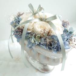◇ゼクシィ掲載◇miniバラ&紫陽花のリングピロー【ANTIQUE　Blue】 2枚目の画像