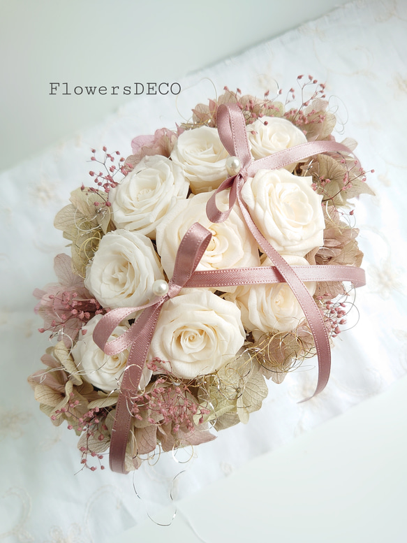 miniバラ&紫陽花のリングピロー【ANTIQUE　white】 8枚目の画像