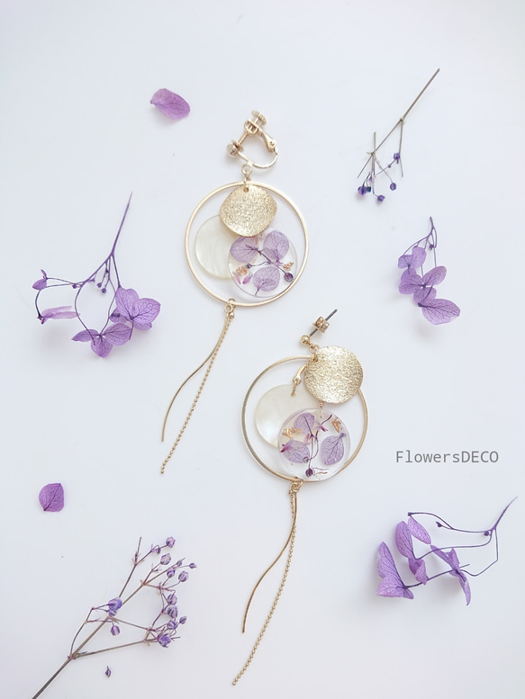 Flower Moon 紫陽花&かすみ草 白玉ホワイト【イヤリング・パーツ変更可】送料無料 10枚目の画像