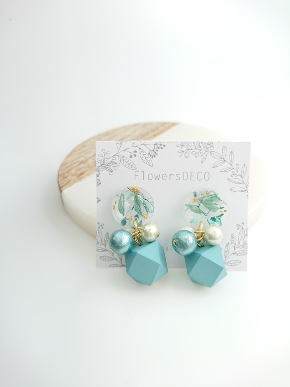 Pearl&Wood&Flower Blue gradation【ピアス・パーツ変更可】 5枚目の画像