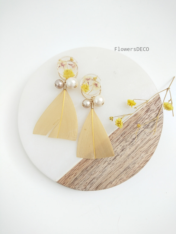 FlowerBeads & Feather & Pearl Olive color 【ピアス・パーツ変更可】2way 9枚目の画像