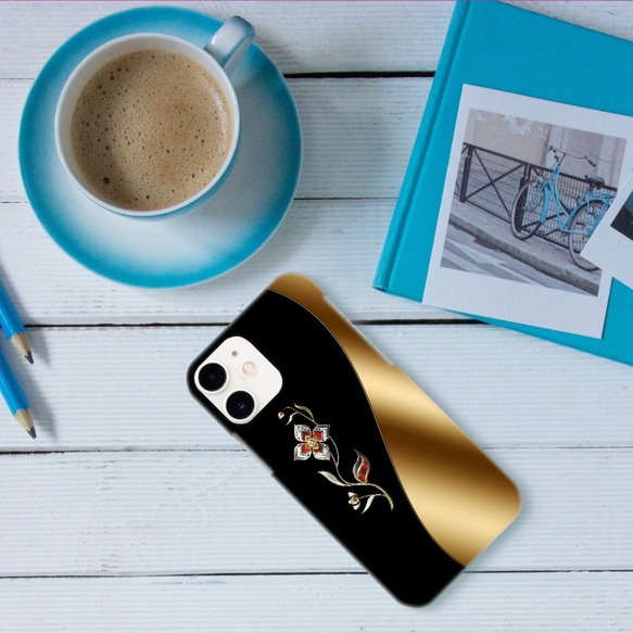 漆と金細工のモダンアート風～花のジュエリー／iPhoneケース（各機種対応）-5319 漆 ゴールド 金 4枚目の画像