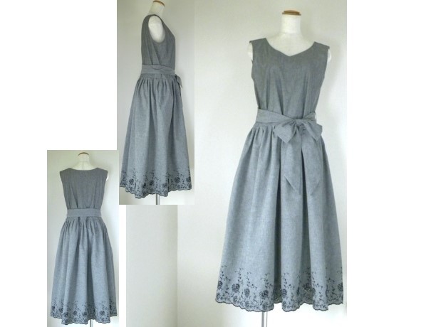 【M】ウエストリボンがチャームな黒刺繍のワンピース