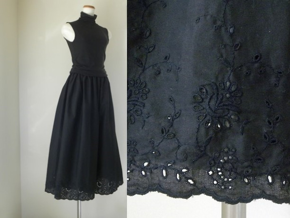 コットンリネンのガウチョパンツ・黒刺繡 1枚目の画像