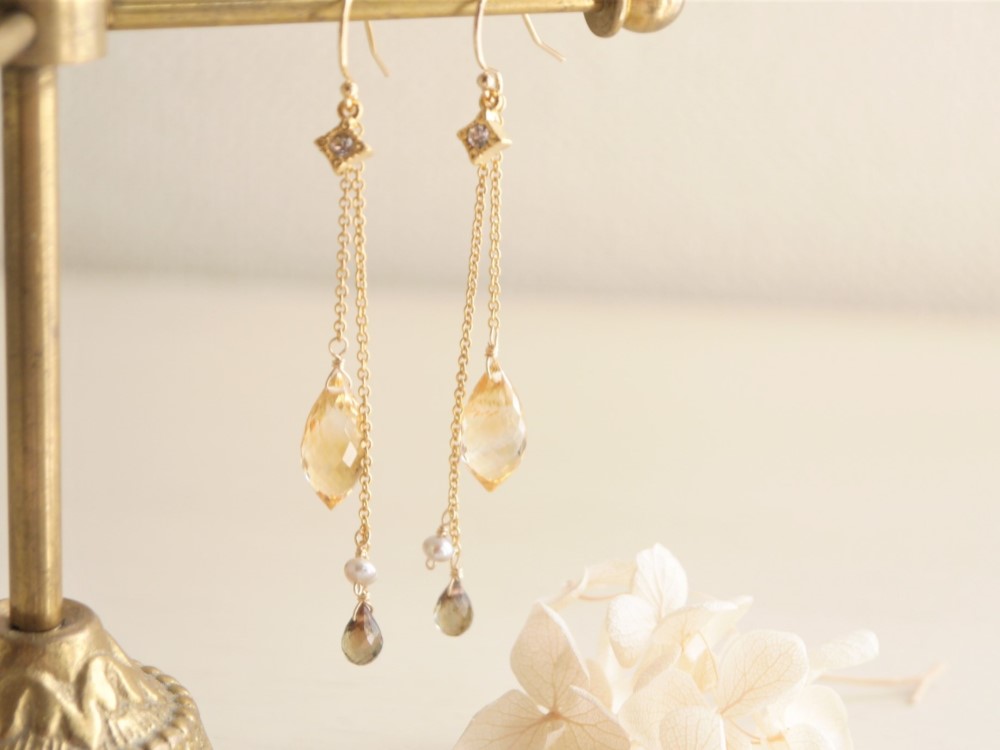 【K14GF/天然石】ツインドロップ☆ピアス（イヤリング変更可）シトリン/アンダルサイト