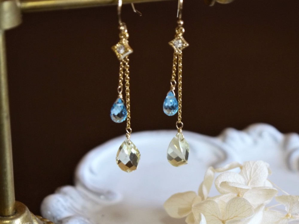 再販２＊*【K14GF/天然石】ツインドロップ☆ピアス（イヤリング変更可）ブルートパーズ/レモンクォーツ