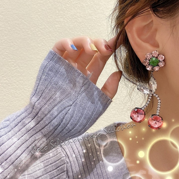 ピンクオーガンジーリボンとオープンハートのビジューピアス/イヤリング