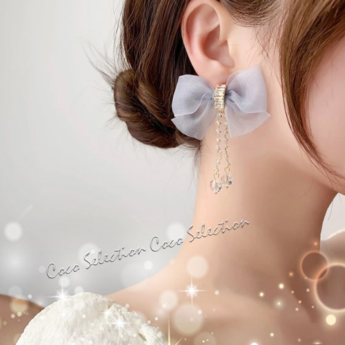 ピンクオーガンジーリボンとオープンハートのビジューピアス/イヤリング