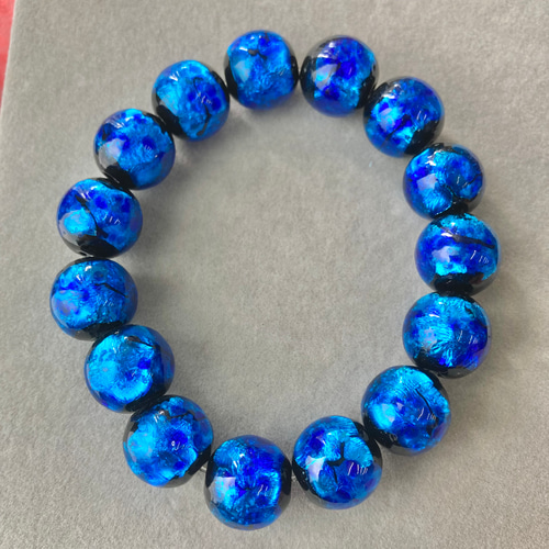 蓄光 ホタルガラス 14mm ブレスレット 濃いブルー 沖縄とんぼガラス