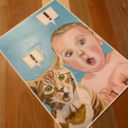 絵画 一点もの 猫 子供 原画 A4 アクリル画 手書き 茶トラ イラスト ネコ 2枚目の画像
