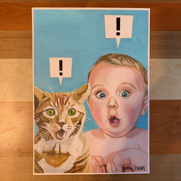 絵画 一点もの 猫 子供 原画 A4 アクリル画 手書き 茶トラ イラスト ネコ 3枚目の画像