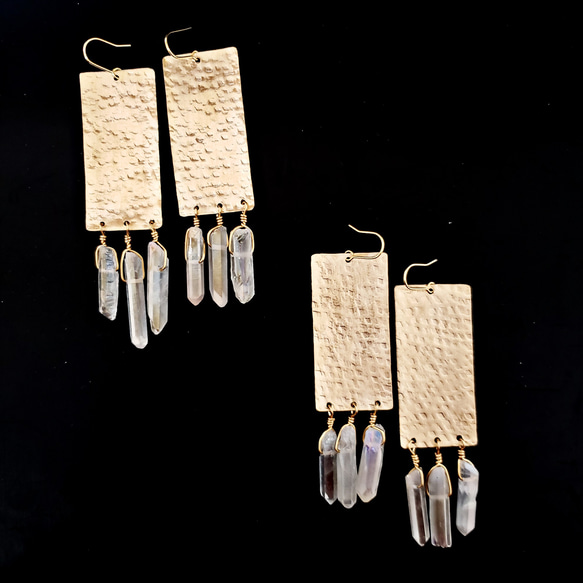 Rectangle brass and aura quartz earrings 1枚目の画像
